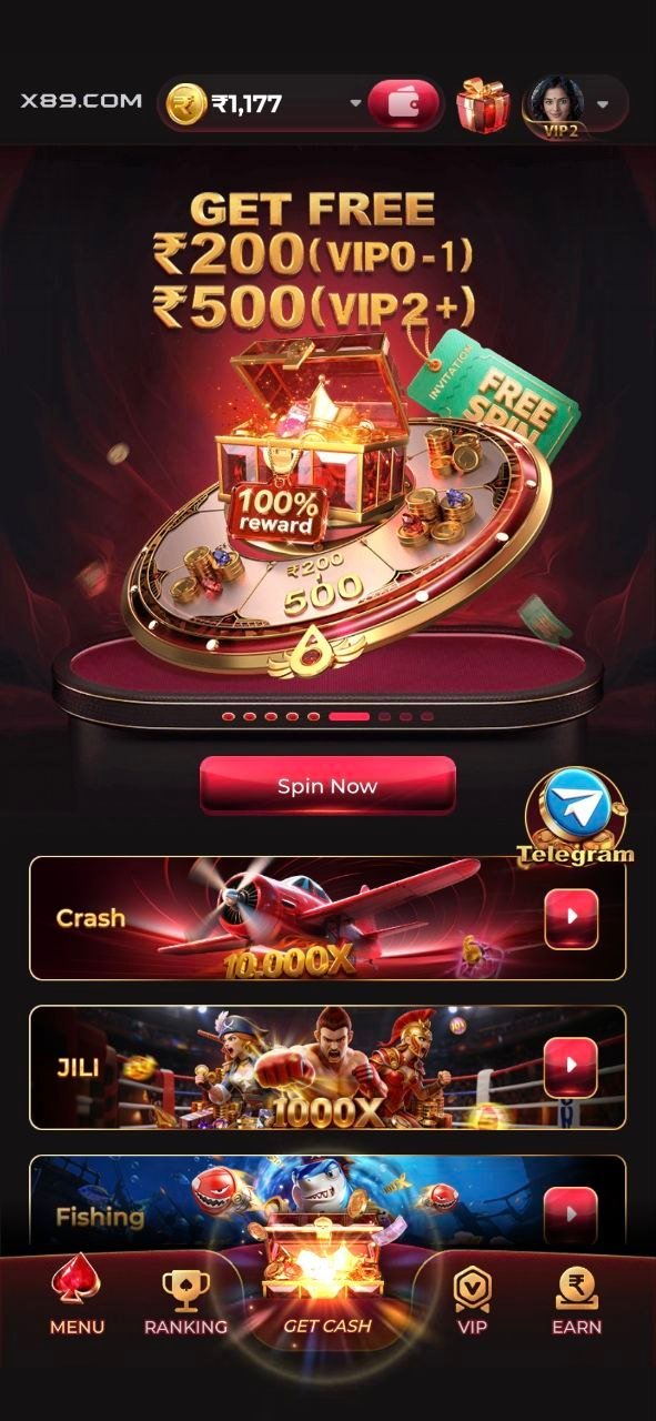x89 game free bonus offer ₹200 ₹500 VIP rewards home screen